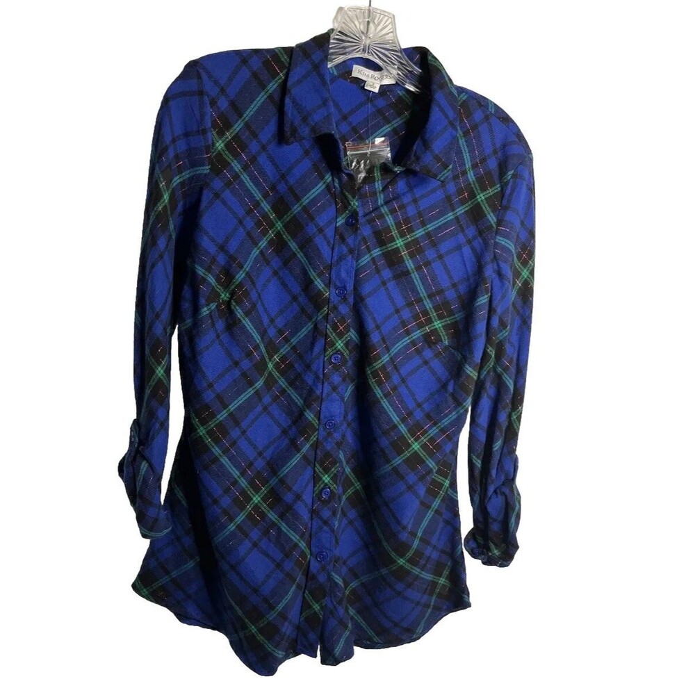 Kim Rogers Women’s Blue Flannel Button Down Shirt Size S Metallic Treads